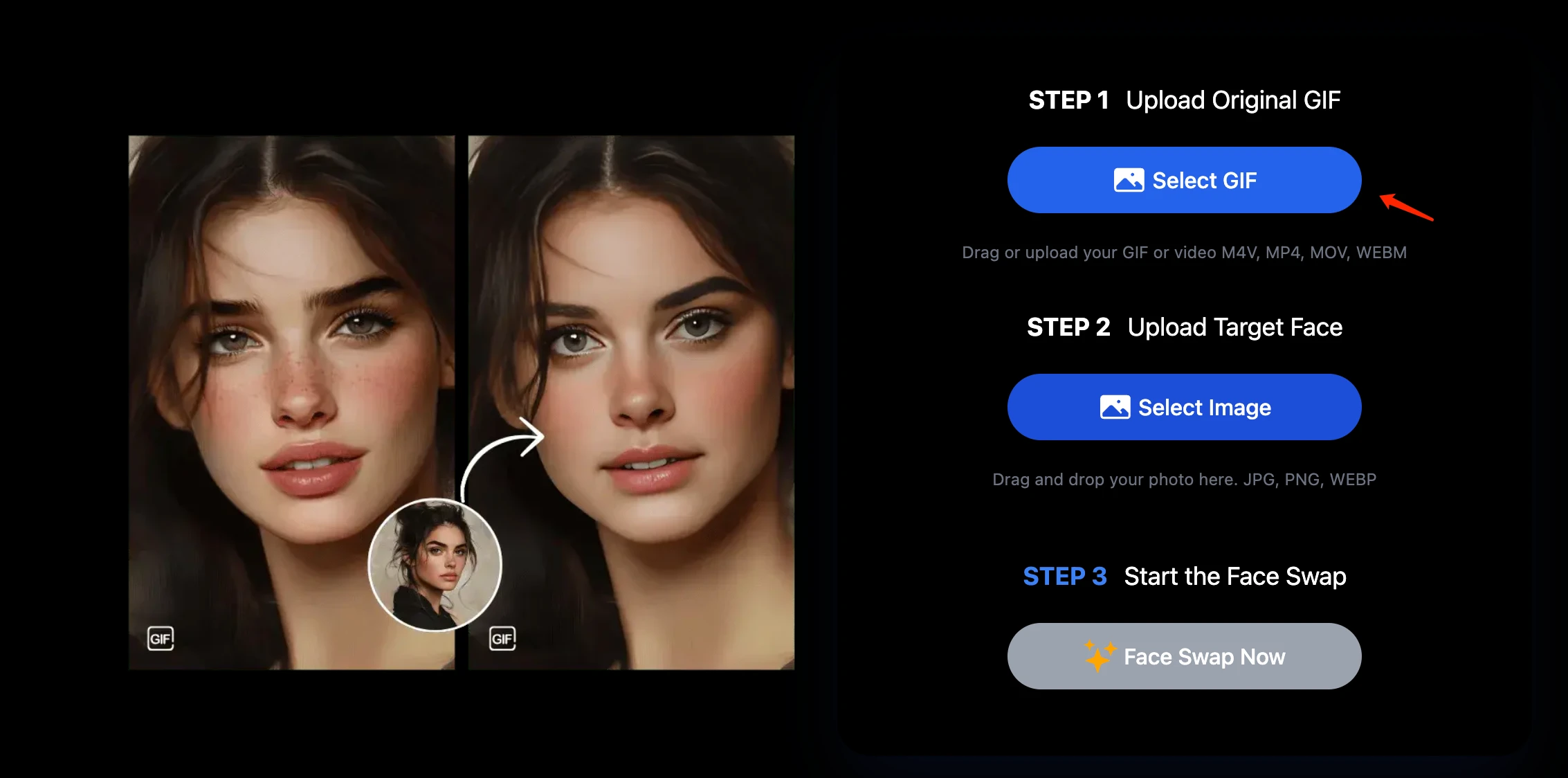 Uploading a GIF in the face swap tool interface
